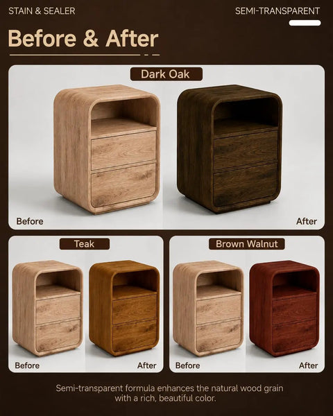 Before and after images of a wooden nightstand showing dark oak, teak, and brown walnut finishes.
