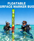 Scuba divers using 5ft Surface Marker Buoy for Diver Safety High Visibility Open Bottom SMB with Oral Inflator and Reflective Strip.