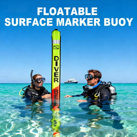 Scuba divers using 5ft Surface Marker Buoy for Diver Safety High Visibility Open Bottom SMB with Oral Inflator and Reflective Strip.