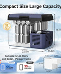 Crank Up The Chill 32 Qt Portable Car Refrigerator And Freezer showing dimensions and capacity for drinks, ultra quiet DC compressor design.