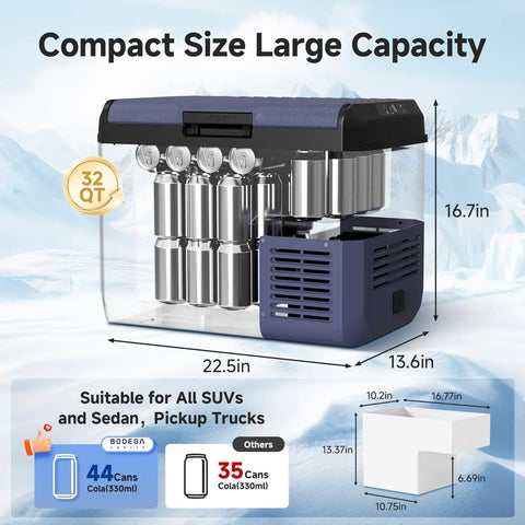 Crank Up The Chill 32 Qt Portable Car Refrigerator And Freezer showing dimensions and capacity for drinks, ultra quiet DC compressor design.