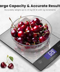 Digital Kitchen Scale 33lb Capacity, Rechargeable 304 Stainless Steel Food Scale With Type C Charging, Big LCD Display showing cherries