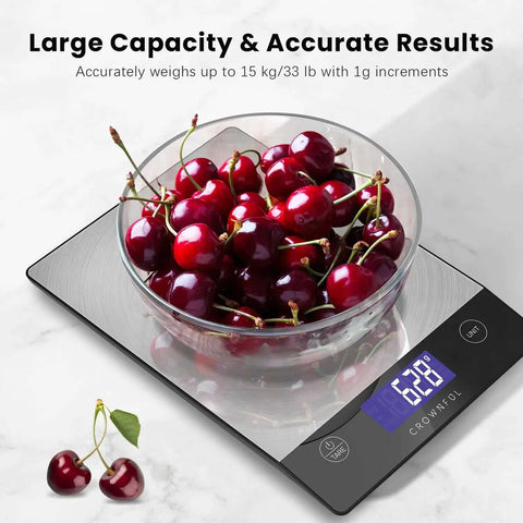 Digital Kitchen Scale 33lb Capacity, Rechargeable 304 Stainless Steel Food Scale With Type C Charging, Big LCD Display showing cherries