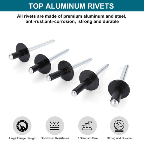 200Pcs Black Pop Rivets Kit With Case - Large Flange Aluminum Blind Rivets Set, different sizes shown, anti-corrosion material