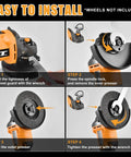 Cordless 4-1/2 Inch Brushless Angle Grinder For 20V Max Batteries Not Included with installation steps diagram.