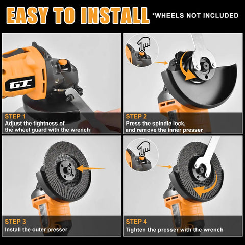 Cordless 4-1/2 Inch Brushless Angle Grinder For 20V Max Batteries Not Included with installation steps diagram.