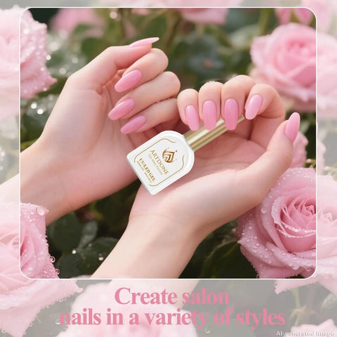 Hands holding Hema Free Gel Nail Polish in light pink with flowers background, showcasing manicure result.