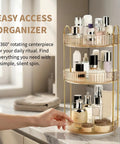 360 Smooth Spin 3 Tier Makeup Organizer For Bathroom Counter Or Vanity Styling with cosmetics on three levels.
