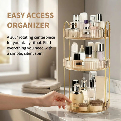 360 Smooth Spin 3 Tier Makeup Organizer For Bathroom Counter Or Vanity Styling with cosmetics on three levels.