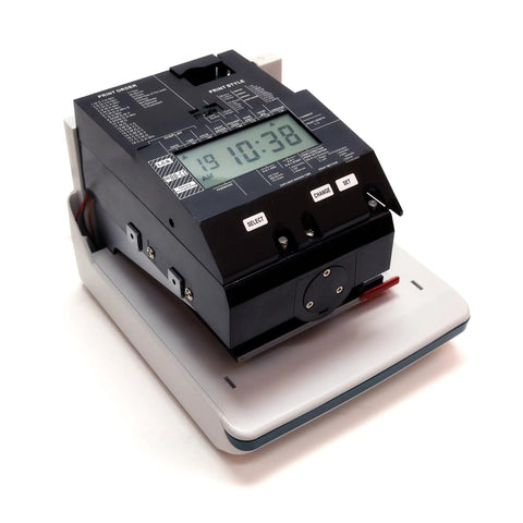 Zero Drama Digital Time Clock And Date Stamp Bundle Includes 100 Time Cards And Heavy Duty Rack, electronic time clock on white base.