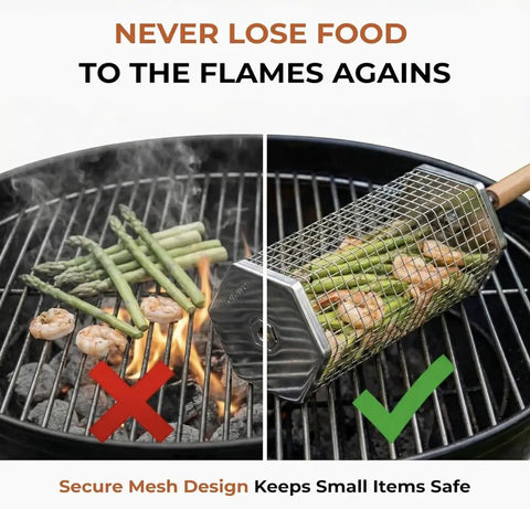 Two Pack Rolling Grill Basket For Even Cooking With Lid And Removable Wooden Handle Stainless Steel BBQ Grilling Basket For Vegetables Shrimp And Meat Outdoor Cooking Gift For Dad Or Husband shown with food
