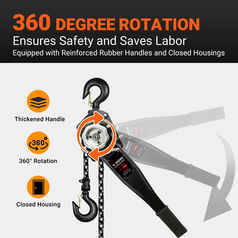 KOERZORE manual lever chain hoist, 3 Ton capacity, 10 ft lift, galvanized carbon steel with closed housing and hooks
