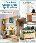 Applications of Built To Last Heavy Duty 4 Inch L Bracket Corner Brace for wood shelves, furniture, and garden beds, matte black finish.