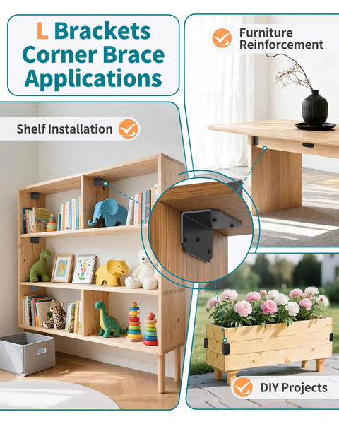 Applications of Built To Last Heavy Duty 4 Inch L Bracket Corner Brace for wood shelves, furniture, and garden beds, matte black finish.