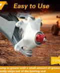 EVRBUL upgraded wheel bearing grease tool (30/39mm) with storage tube, red anodized tip mounted on UTV/ATV front hub