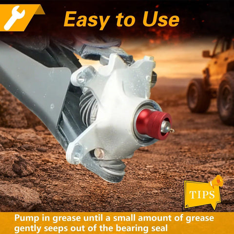 EVRBUL upgraded wheel bearing grease tool (30/39mm) with storage tube, red anodized tip mounted on UTV/ATV front hub