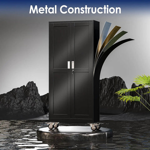 61 Inch Tall Metal Garage Storage Cabinet With Rolling Tool Cabinet Locking Two Doors And Wheels, Locker Steel Cabinet