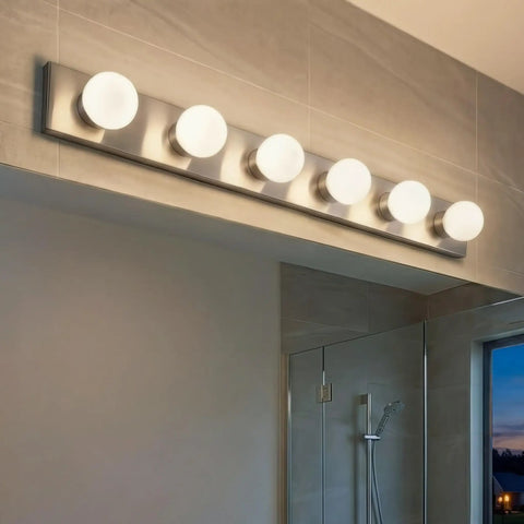 Top Shelf 36 Inch Bathroom Vanity Light Fixture With Brushed Nickel Finish Offering Straight Up Easy Installation And Rock Solid Build Quality For 6 Light Damp Rated Rooms, six bulb mounted above a mirror.
