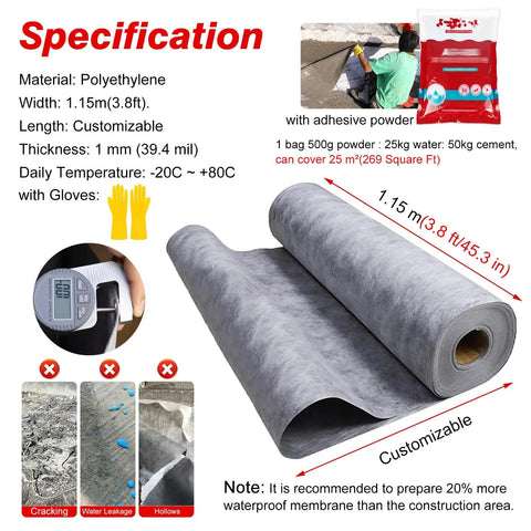 Beat The Moisture With This Heavy Duty Waterproof Membrane Roll For Roofs And Floors Flexible Cut Underlayment Reliable Leak Stopper For Bathrooms Basements And Concrete Slabs Simple Diy Project, 1.15m wide polyethylene roll.
