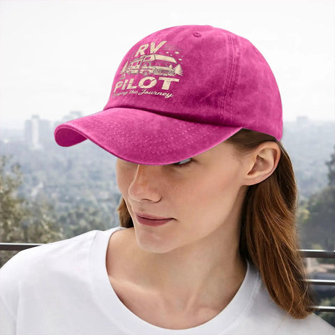 Woman wearing Funny RV Pilot Hat For Men Embracing The Journey Camper Road Trip Style Baseball Cap With Adjustable Fit