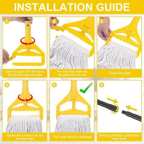 Installation guide for Heavy Duty Commercial Mop With 3 Extra Large Replacement Heads And A 59 Inch Long Handle, Looped End String Wet Cotton Mop For Floor Cleaning In Home Kitchen Office Garage, Workhorse Wet Or Dry Use On Concrete And Tile