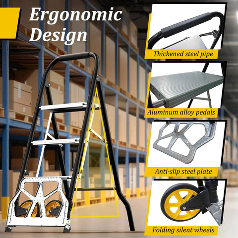 2 In 1 Folding Hand Truck And 3 Step Ladder Portable Dolly Cart For Easy Hauling And Reaching High Places Built With Durable Steel Frame Foldable Design Locking Steps And Smooth Rolling Casters For Home Or Jobsite Use, black folding step ladder with hand truck frame and yellow wheels