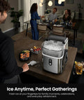 Kismile nugget ice maker countertop, silver with transparent lid and ice-filled bin (front view).