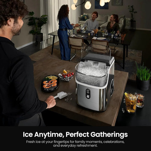 Kismile nugget ice maker countertop, silver with transparent lid and ice-filled bin (front view).