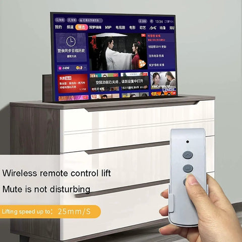 Beefy Electric TV Lift Stand With Smooth Remote Operation And Auto Memory Positions For Large Screens 26 To 65 Inches displayed with remote control.