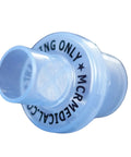 Close-up side view of blue plastic CPR training valve, MCR Medical