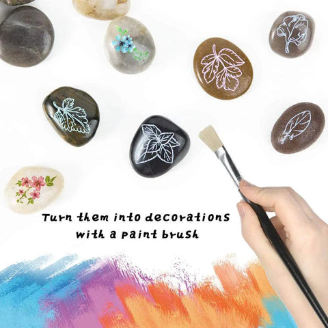Polished River Rock Gravel Set 0.5-1.2 Inch Natural Mixed Color Pebbles with painted designs and brush for decor.