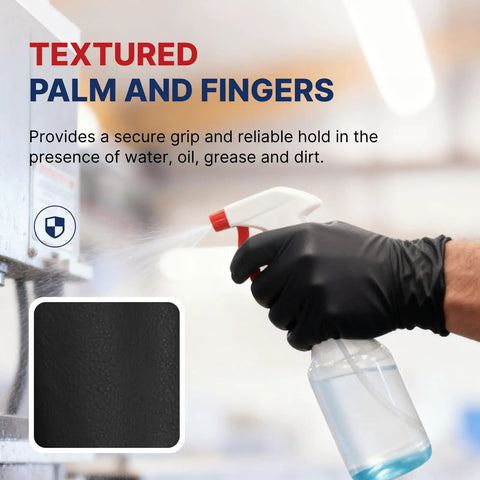 Heavy Duty Nitrile Work Gloves 8 Mil Thick Tough As Nails textured grip in use, handling spray bottle, black large size.