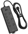 15ft Flat Plug Power Strip Surge Protector With 6 Outlets And 2 USB Ports, 1080 Joules, Wall Mount Charging Station, Black