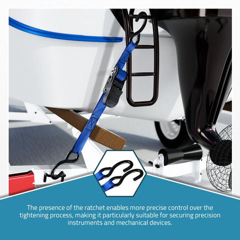 Heavy Duty 1 Inch By 4 Foot Boat Trailer Tie Down Straps With Ratchet Buckle on boat trailer, quick release hooks visible