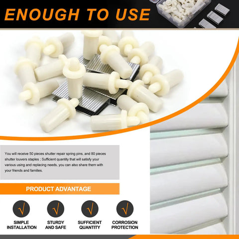 Fully Loaded Plantation Shutter Repair Kit 130 Pcs With 50 Spring Loaded Pins And 80 Tilt Rod Louvers Staples for DIY fixes.