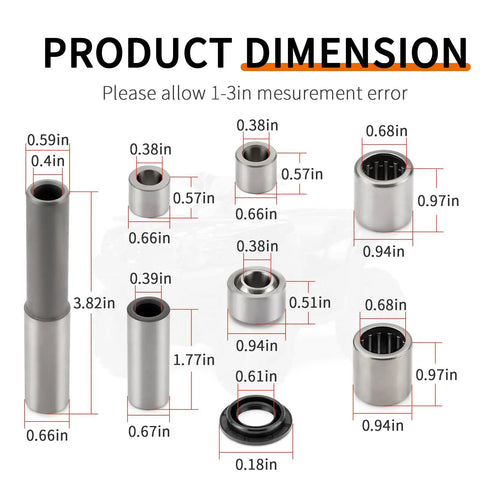 Dimensions of Front Upper and Lower Arm Bearing Bushing Seal Kit for Brute Force 650 750 4x4i KVF650 KVF750 2005 2013