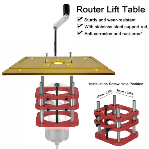 Heavy Duty Router Lift Base Kit With Tough Metal Insert Plate Fitting 64 To 66 Millimeter Motors delivering smooth height adjustment, showcasing sturdy lift table components.