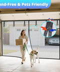 Woman and dog exiting garage through Magnetic Garage Door Screen 16x7 Ft With Retractable Fiberglass Mesh