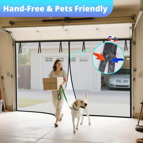 Woman and dog exiting garage through Magnetic Garage Door Screen 16x7 Ft With Retractable Fiberglass Mesh