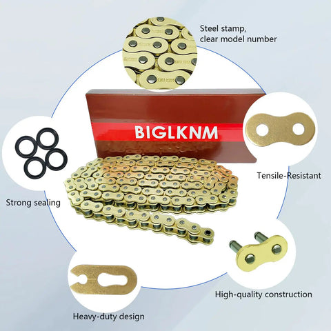 525 XRing Motorcycle Chain 110 Links With Master Link Gold Finish Beefed Up Street Ready Heavy Duty Drive Chain shown with packaging.