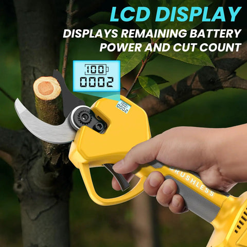 Cordless Brushless Electric Pruning Shears With 2.6 Inch Opening and Dual 2Ah Battery Pack trimming tree branches