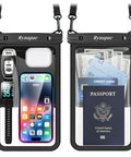 Large IPX8 Waterproof Phone Pouch 2 Pack Up To 10 Inch Case, holding iPhone, passport, credit card, smartwatch, and earbuds.