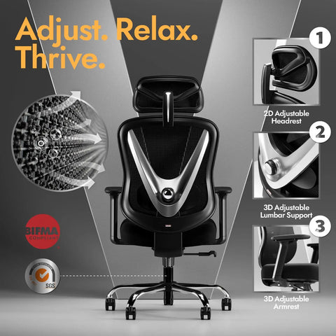 Ergonomic Mesh Office Chair With 3D Lumbar Support And 3D Armrests, V Shaped Back, Height And Tilt Adjustable, in black