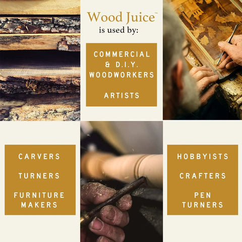 Wood Juice used by DIY woodworkers, artists, carvers, turners, furniture makers; Semi-Dry Wood Stabilizer 1 Gallon For DIY Woodworkers And Carvers, Prevents Cracking And Warping, Rejuvenates Dry Wood, Works On Hard And Soft Woods, Ideal For Woodturners, Furniture Makers, Builders And Hobbyists