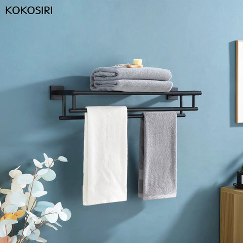 Matte Black Bath Towel Rack With Double Towel Bars 24 Inch Wall Mounted Stainless Steel Shelf Rustproof Corrosion Resistant