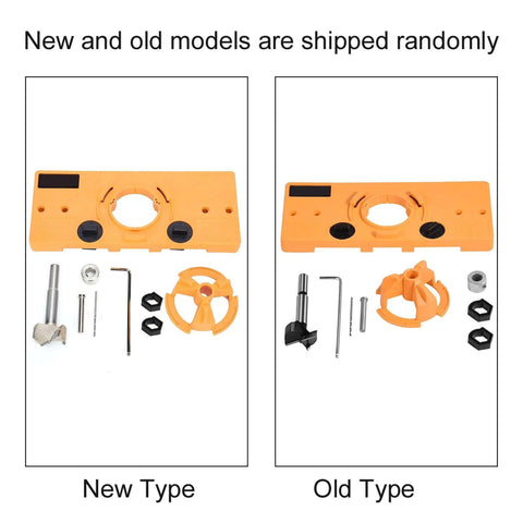 New Type orange 35mm concealed hinge jig drill guide kit in engineering plastic with base plate and bits.
Old Type orange 35mm concealed hinge jig drill guide kit in engineering plastic with base plate and bits.