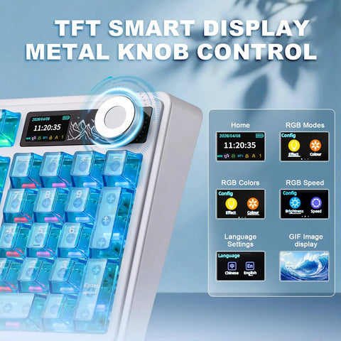Dual 8K Wireless Mechanical Keyboard With Blue Lychee Switches, Sick Built In TFT Display, Dope Knurled Volume Dial, Win Mac Ready, Premium Fire Gear For Lightning Fast Gameplay showing TFT display and metal knob control.