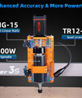 FoxAlien Masuter 3S CNC router front view with orange frame, 400W spindle and blue dual linear rails.
