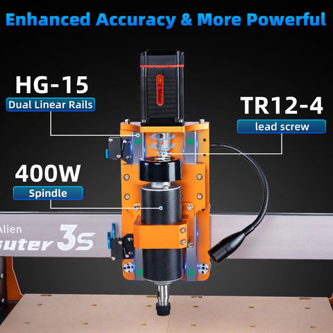 FoxAlien Masuter 3S CNC router front view with orange frame, 400W spindle and blue dual linear rails.