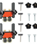 Two Piece Adjustable Table Saw Stock Guides Featuring Slick Aluminum Brackets And Dead On Urethane Rollers with hardware for alignment.